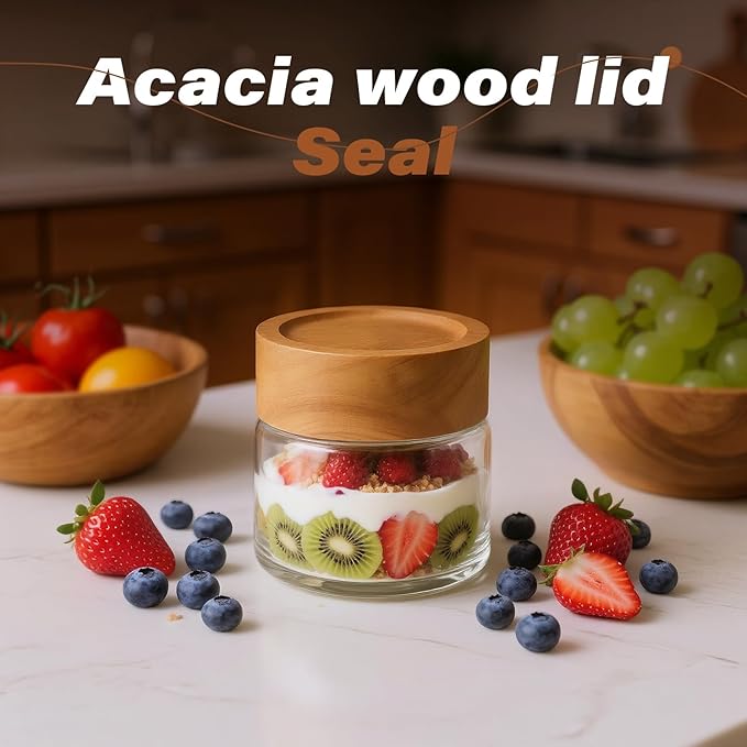6-Pack 4 fl oz Stackable Airtight Glass Jars (with Acacia Wood Lids + Sticker Labels) – Small Mason Jars designed for overnight oats, spices, dry goods, and kitchen organization.