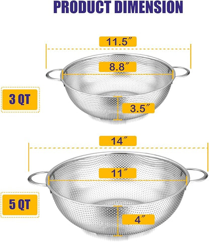 E-far 3QT & 5QT Colander Set of 2, Stainless Steel Micro-Perforated Colander Strainer with Handle for Kitchen/Draining Pasta/Rinsing Vegetables Fruits, Heavy Duty Metal & Dishwasher Safe - Image 2