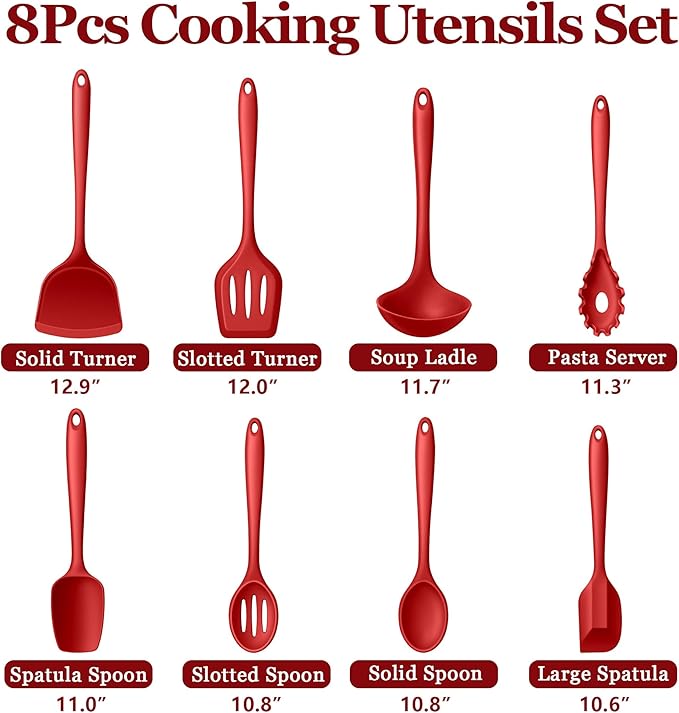 LIANYU 8-Piece Kitchen Utensils Set, Silicone Cooking Utensil Spatula Sets, Heat Resistant Cooking Gadgets Tools Set for Non-stick Cookware, Dishwasher Safe, Red - Image 2