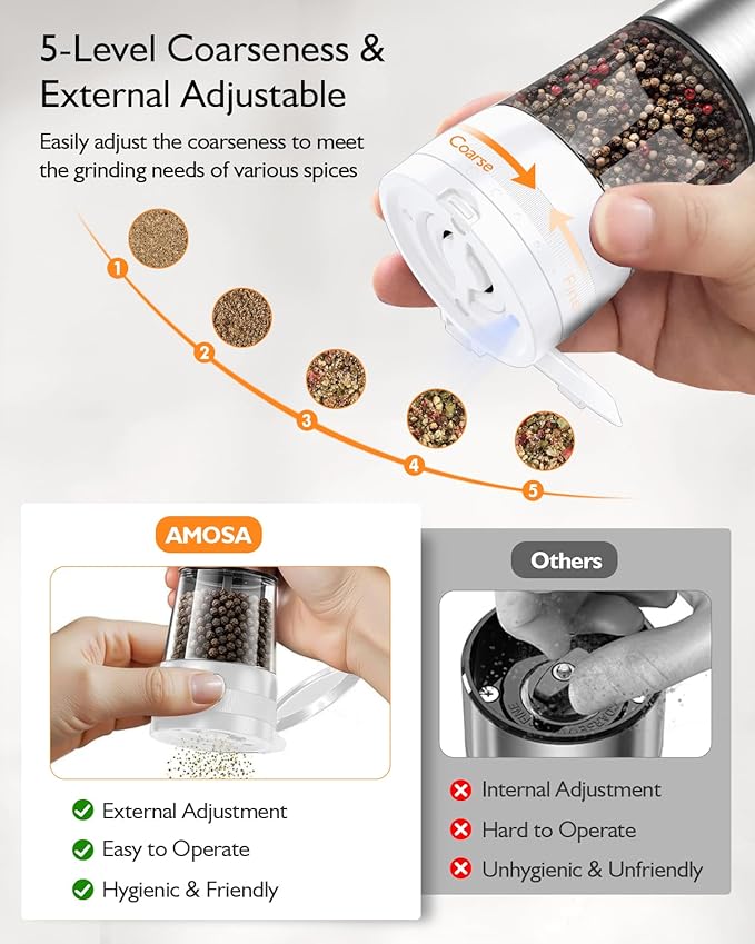 Electric Salt and Pepper Grinder Set, Upgraded 2-Speed Setting, External 5 Adjustable Coarseness, Battery Display Rechargeable Base, Stainless Steel Automatic Salt & Pepper Shaker Mill with LED, White - Image 3
