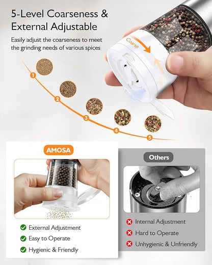 Electric Salt and Pepper Grinder Set, Upgraded 2-Speed Setting, External 5 Adjustable Coarseness, Battery Display Rechargeable Base, Stainless Steel Automatic Salt & Pepper Shaker Mill with LED, White - Image 3