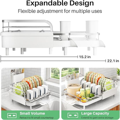 SAYZH Dish Drying Rack - Expandable Dish Rack for Kitchen Counter, Rust-Resistant Dish Drainer with Utensil Holder and Raised Guardrail, Kitchen Organizer for Cup and Bottle (White) - Image 2
