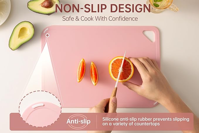 THETCHRY Plastic Cutting Board Set, Pink Cutting Board with Non-slip, Cutting Board for Kitchen Set of 3, Dishwasher Safe, BPA Free, Reversible, with Grip Handle, Pink - Image 3