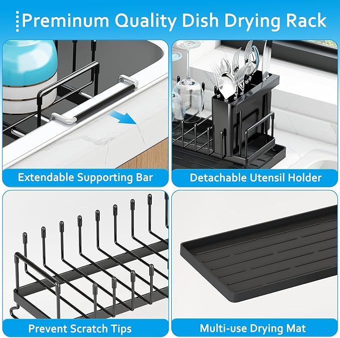 ANTOPY Sink Dish Drying Rack - Expandable Small Dish Rack Over Sinks with Silicone Drying Tray, Dish Drainer for Kitchen Counter with Cutlery Holder, Drying Rack Fit for 14’’-19’’ Kitchen Sink - Image 5
