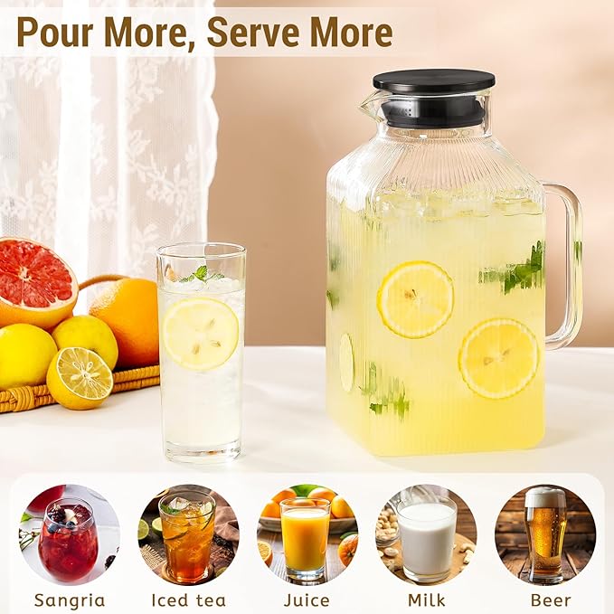 1 Gallon Square Glass Pitcher with Lid, Classic Stripes Water Pitchers for Fridge, Borosilicate Glass Carafe for Hot/Cold Brew Drink, Extra Large Jug with Handle for Iced Tea, Coffee, Juice, Black - Image 3