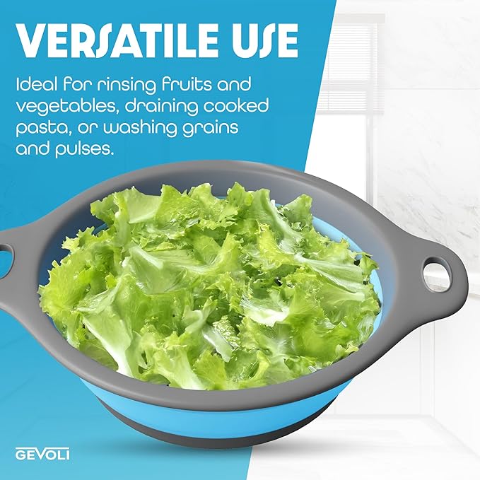 Gevoli Strainer with Self-Draining Base (5QT) Over-Sink Collapsible Kitchen Colander Set with Side-drain Base for Pasta Vegetables and Fruit, XL Large Capacity, Dishwasher Safe (5-Quart) Blue/Gray - Image 6