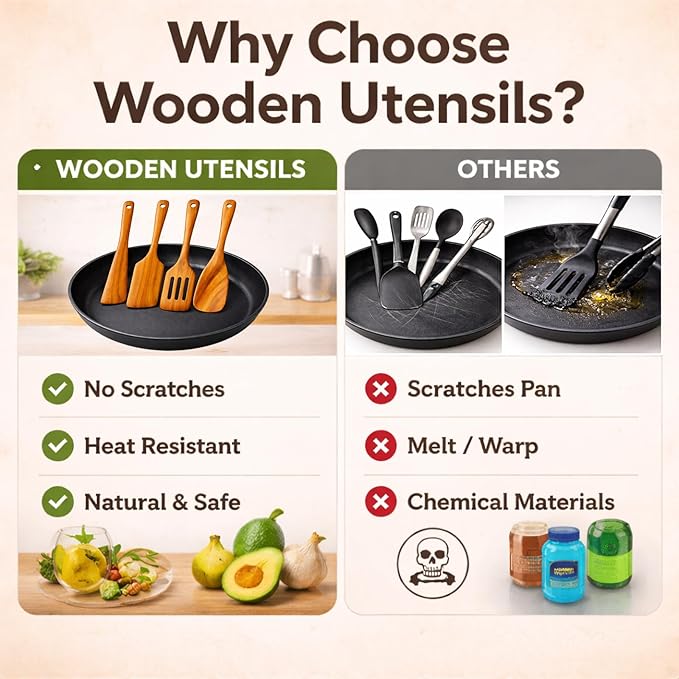 Wooden Kitchen Utensil Set, 4-Piece Teak Wood Cooking Utensils for Nonstick Cookware, Spatula, Slotted Turner and Scraper, Natural Wooden Tools for Everyday Cooking