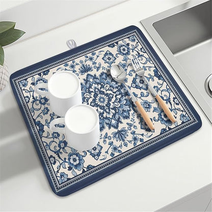 Blue Floral Dish Drying Mat for Kitchen Counter Vintage Flower Pattern Microfiber Dish Drainer Mat Rustic Farmhouse Absorbent Washable Drying Pad Extra Large 16"x18"