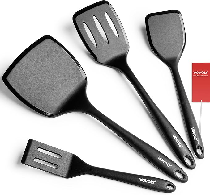 Silicone Spatula Set, 600°F Heat Resistant Silicone Spatula Turner Flipper for Cooking, Non Stick and Non Scratch Kitchen Utensils for Eggs & Pancakes, 4 Pack, Black by VOVOLY