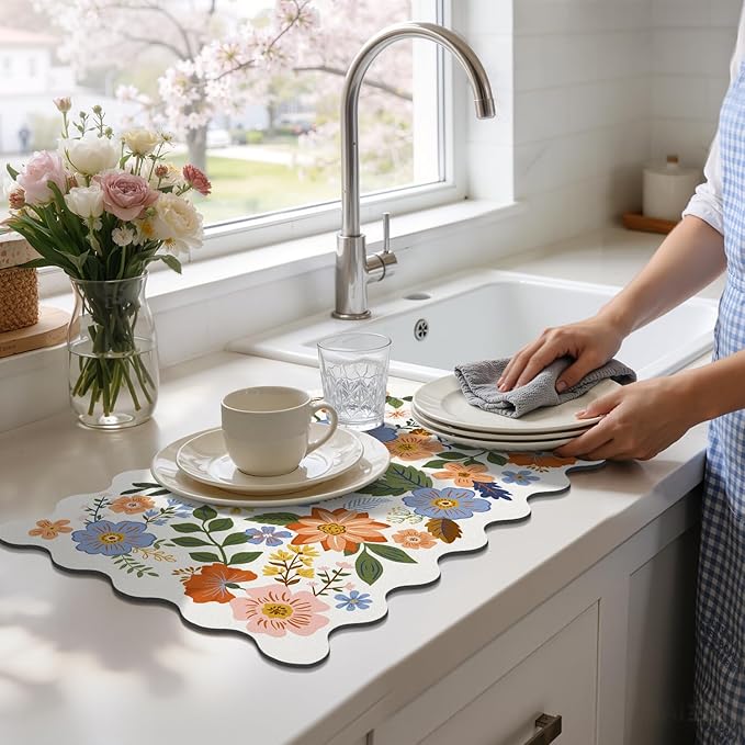 LOKHOM Scalloped Floral Dish Drying Mat, 12"x20" Super Absorbent Coffee Mat with Unique Spring Wildflowers, Cuttable Hide Stain Non-slip Drying Mat for Kitchen Counter Coffee Maker Espresso Machine - Image 8