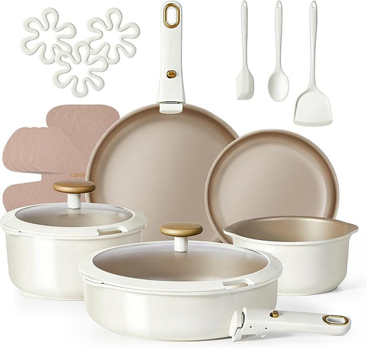 CAROTE 19 Pcs Pots and Pans Set, Nonstick Cookware Sets with Detachable Handle, Titanium Reinforced, Oven Safe, Cookware Non Stick Cooking Set w/Frying Pans & Saucepans White(PFOS, PFOA Free) by CAROTE