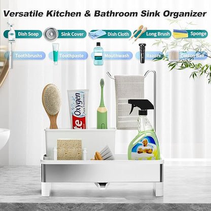 Ewaiira Stainless Steel Sink Caddy, Sponge Holder for Kitchen Sink with Brush Holder & Dishcloth Rack, Rustproof Sink Organizer Countertop, Kitchen Organizers Storage Essentials (E-White 9.8″) - Image 3