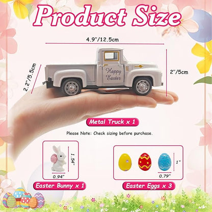 Easter Decorations - Mini Farmhouse Vintage Metal Truck with Easter Eggs & Bunny, White Spring Farm-Style Pickup Decor for Table Tiered Tray Home Kitchen Office Keepsake Gifts