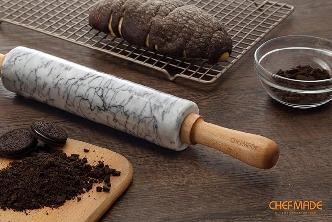CHEFMADE 18-Inch Marble Rolling Pin with Wooden Handles and Cradle, Non-Stick (Gray and White) - Image 3