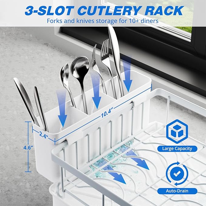 Godboat Dish Drying Rack, 2-Tier Dish Rack with Auto-Drain & Mat, Dish Racks for Kitchen Counter, Dish Drainer with Knife, Fork & Cup Rack, Gifts for Women, Mothers Day, Kitchen Gadgets, White - Image 5