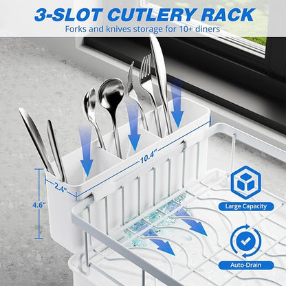 Godboat Dish Drying Rack, 2-Tier Dish Rack with Auto-Drain & Mat, Dish Racks for Kitchen Counter, Dish Drainer with Knife, Fork & Cup Rack, Gifts for Women, Mothers Day, Kitchen Gadgets, White - Image 5