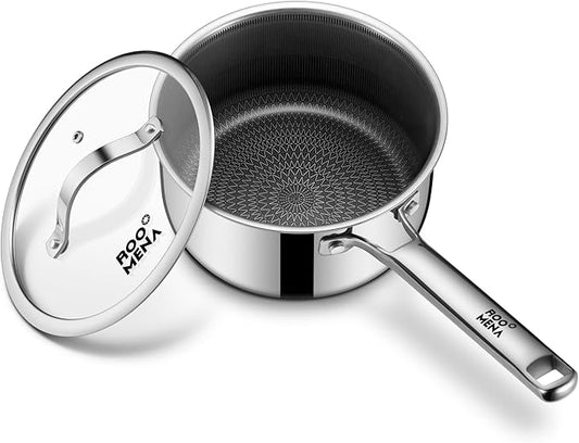 Nonstick Sauce Pan with Lid, Non-Toxic Tri-Ply Hybrid Ceramic Saucepan, 1.5 Quart Stainless Steel Pans, PFAS/PFOA/PTFE Free, Dishwasher & Oven Safe, Induction Compatible by Roomena