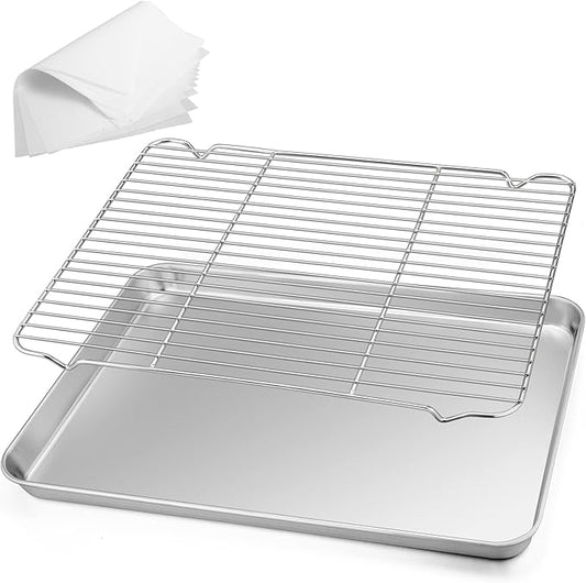 TeamFar Stainless Steel Baking Sheet, 17.6 x 13 x 1inch Half Baking Pan Cookie Sheets with Cooling Rack & 50PCS Parchment Papers for Baking/Roasting/Broiling, Healthy & Sturdy, Dishwasher Safe