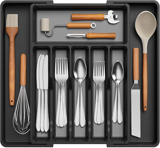 Lifewit Silverware Drawer Organizer, Expandable Utensil Tray for Kitchen, BPA Free Flatware and Cutlery Holder, Adjustable Plastic Storage for Spoons Forks Knives, 33 -57 x 42cm, Black and Gray by Lifewit