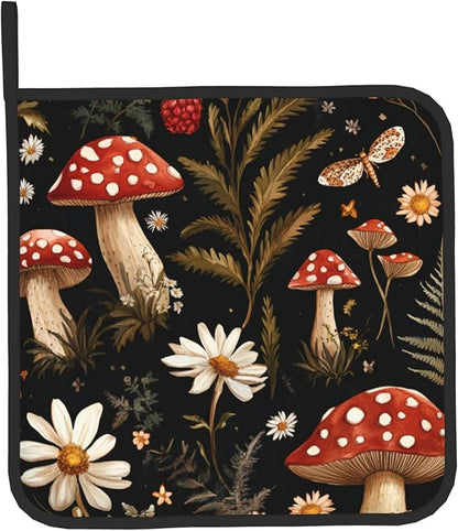 Mushroom Oven Mitt Pot Holder Set Vintage Floral BBQ Cooking Gloves with Loop Baking Grilling Kitchen Gifts for Spring Summer - Image 9