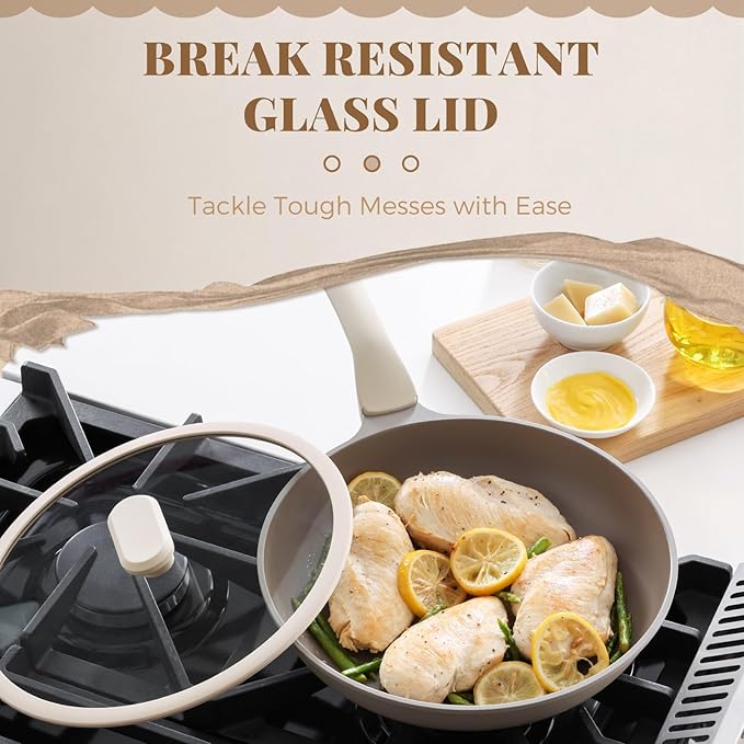 PRICUSIS Nonstick Frying Pan with Lid, Healthy Skillet, Egg Pan Nonstick Omelet Pan Chef's Pan, PFOA & PTFE Free, Induction Compatible (8Inch W/L Natural Linen) - Image 6