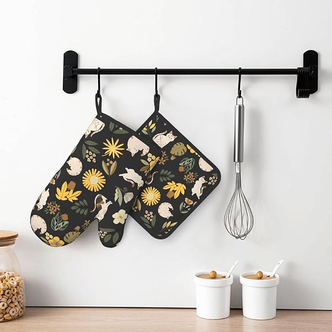 Cute Cats Flowers Garden Silicone Oven Mitts Pan Mats Set of 2, Heat Resistant Gloves Potholder with Non-Slip Grips Hanging Loops Pot Holder, Spring Summer for Chef Cooking, Baking, Grilling, BBQ