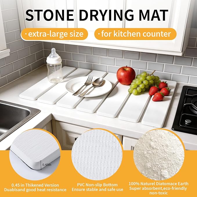 Stone Dish Drying Mat for Kitchen Counter, 16''×12'' Quick Dry Stone Dishes Mats Foldable Water Absorbing Diatomaceous Earth Drying Organizer Mat for Dishes Utensils Bottles Any Countertop(White) - Image 3