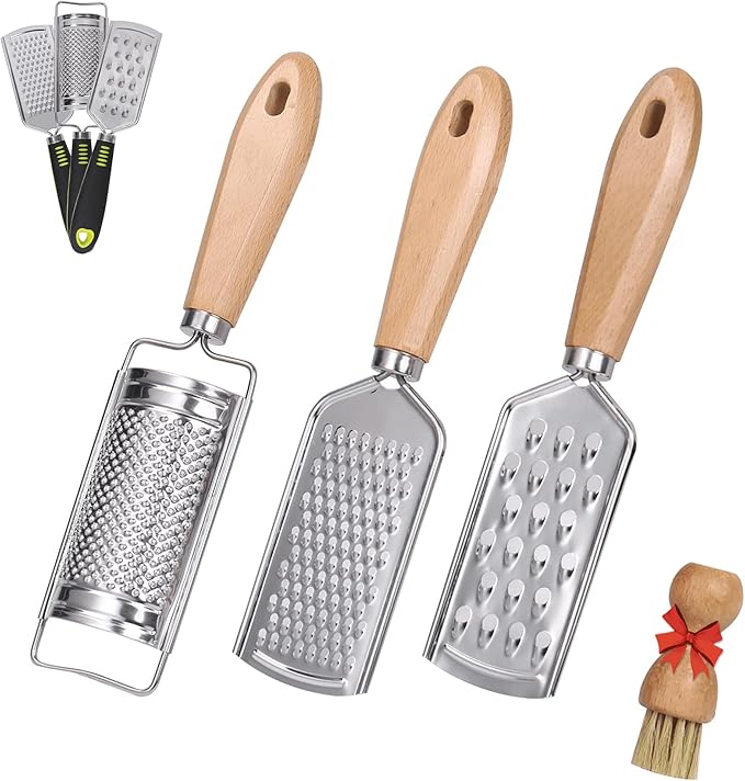 Handheld Cheese Graters with Cleaning Brush Stainless Steel Vegetable Grater with Wood Handle Multifunctional Kitchen Food Shredder for Chocolate Butter Nuts Ginger (Wooden Handle) By beardo decor by BeardoDecor