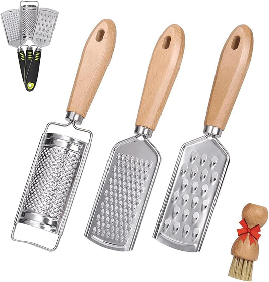 Handheld Cheese Graters with Cleaning Brush Stainless Steel Vegetable Grater with Wood Handle Multifunctional Kitchen Food Shredder for Chocolate Butter Nuts Ginger (Wooden Handle) By beardo decor by BeardoDecor