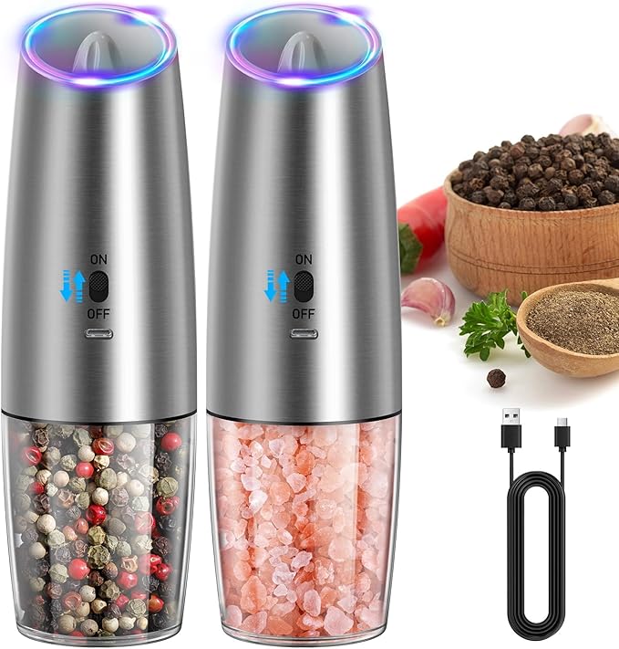 CIRCLE JOY Rechargeable Gravity Electric Salt and Pepper Grinder Set, Stainless Steels Salt and Pepper Mills with LED Light, No Battery Needed, Adjustable Coarseness, Washable 135ml Container, Silver by CIRCLEJOY