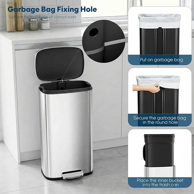 13.2 Gal Kitchen Trash Can, 50L Recycling or Garbage Bin, Brushed Stainless Steel Waste Basket, Soft&Quiet Close Dustbin, with Step-On Pedal, Removable Inner Bucket, for Home, Office, Living Room