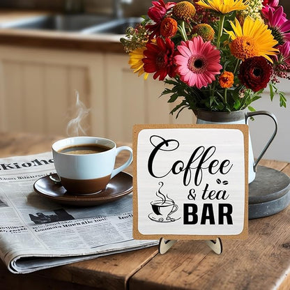Rustic Coffee & Tea Bar Decor Sign,Funny Wooden Plaque for Cafe Bar,Coffee Station,or Shelf, Farmhouse Kitchen Cafe & Tea Accessories for Home or Office 5.9 x 5.9Inch(White+Brown04) - Image 6