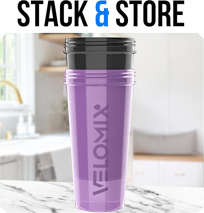VELOMIX -2 Pack- 28 oz Protein Shaker Bottles for Protein Mixes - 2x Wire Whisk | Leak Proof Shaker Cups for Protein Shakes and Pre Workout | Protein Shaker Bottle Pack (Purple/Black)