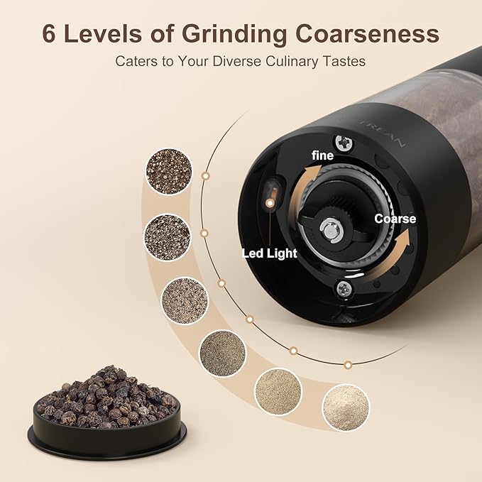 Ultrean Pepper Grinder, Rechargeable Salt and Pepper Grinder Set with 6 Adjustable Coarseness, LED Light, Automatic Grinder for Kitchen, House Warming Gifts New Home, White&Black - Image 3