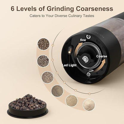 Ultrean Pepper Grinder, Rechargeable Salt and Pepper Grinder Set with 6 Adjustable Coarseness, LED Light, Automatic Grinder for Kitchen, House Warming Gifts New Home, White&Black - Image 3