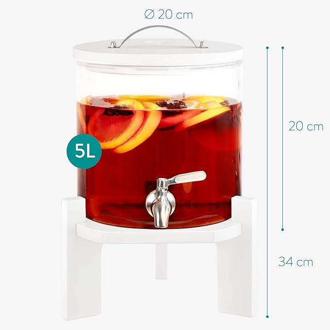 Navaris Beverage Dispenser with Stand - 1.3 Gallon (5L) Glass Drink Dispenser with Stainless Steel Spigot - Drinks Water Parties - White Beech Wood