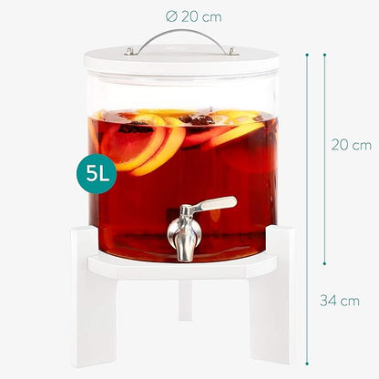 Navaris Beverage Dispenser with Stand - 1.3 Gallon (5L) Glass Drink Dispenser with Stainless Steel Spigot - Drinks Water Parties - White Beech Wood
