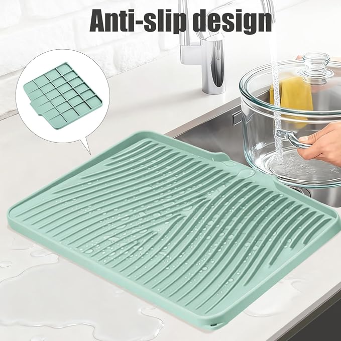 TIKNIK Silicone Dish Drying Mat, Stone Drying Mat for Kitchen Counter with Built-In Drain, Non-Slip Drain Pad with Built-in Drain, Heat Resistant Stone Drying Mat, Hangable, Mint-1pcs, 20" x 15" - Image 3