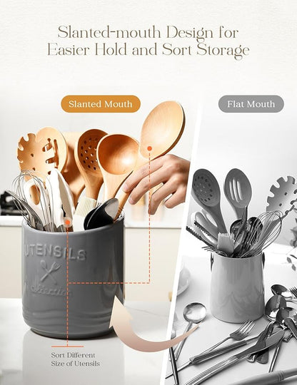 AISBUGUR Large Ceramic Utensil Holder 7.5" H×6.3" W with Slanted Mouth - Utensil Crock with Non-Slip Cork Base for Kitchen Counter, Ideal for Decor & Gift,Grey - Image 4