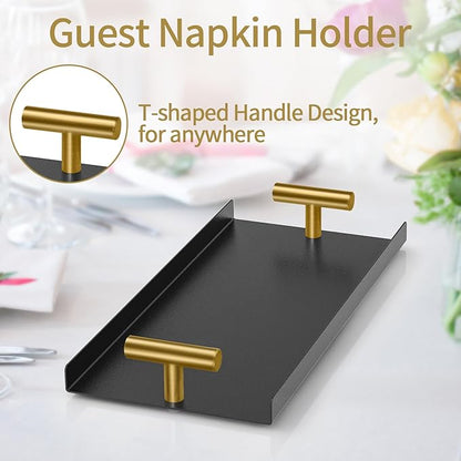 STWWO Napkin Holder for Bathroom, Guest Towel Holder Tray for Bathroom, Black Guest Napkin Holders with Golden T-Handle, Disposable Hand Towel Tray for Guest Room, Table, Kitchen