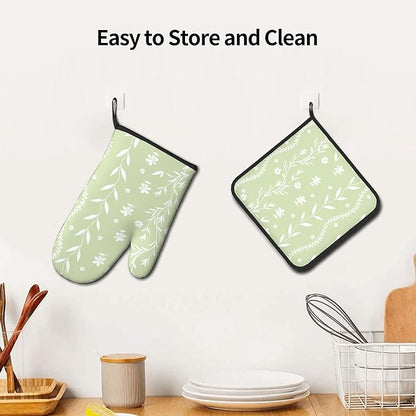 Sage Green Oven Mitt Pot Holder Set Floral BBQ Cooking Gloves Farmhouse Botanical Baking Grilling Kitchen Gifts for Spring Summer - Image 6