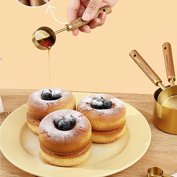 8Pcs Measuring Cups and Spoons Set - Golden Stainless Steel Measuring Cups with Wooden Handle, Metal Measuring Spoons Set Nesting Kitchen Measure Set for Kitchen/Food/Baking (8Pcs Wooden Handle) - Image 7