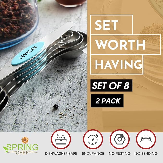 Spring Chef Stainless Steel Magnetic Measuring Spoons Set of 8 with Leveler, Metal Teaspoon & Tablespoon Measuring Spoons with Strong Magnets, Kitchen Gadgets for Baking & Cooking - 2 Pack - Aqua Sky - Image 2