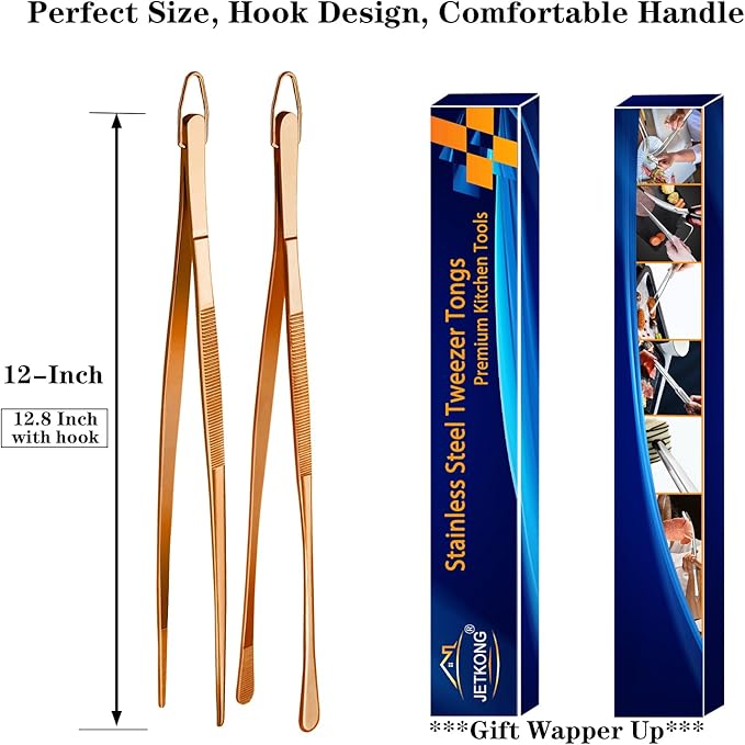 JETKONG 2 Pcs 12-Inch Kitchen Tweezers Cooking Tweezer Tongs Stainless Steel Long Food Tweezers (Rose Gold) - Image 7