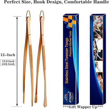JETKONG 2 Pcs 12-Inch Kitchen Tweezers Cooking Tweezer Tongs Stainless Steel Long Food Tweezers (Rose Gold) - Image 7