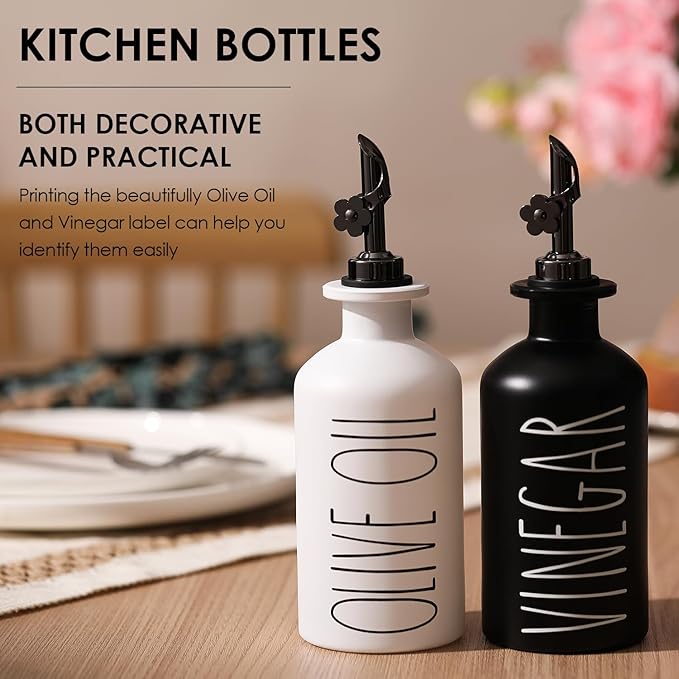 HOMCDALY Premium Olive Oil Dispenser for Kitchen, 11.8oz Glass Oil Bottles with Bamboo Tray, Oil&Vinegar Cruet Set, Kitchen Dispenser Bottles with Pourer | Set of 2 (11.8oz –P–Black&White) - Image 5