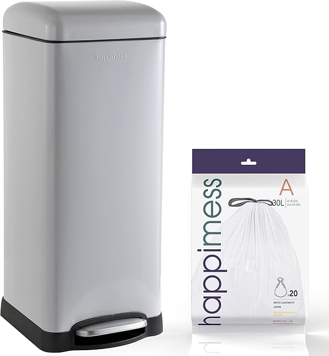 happimess HPM1007C Betty Retro 8-Gallon Step-Open Trash Can with Soft-Close Lid, Fingerprint Resistant, Modern, Minimalistic for Home, Kitchen, Laundry Room, Office, Bedroom, Bathroom, Gray by Happimess