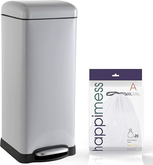 happimess HPM1007C Betty Retro 8-Gallon Step-Open Trash Can with Soft-Close Lid, Fingerprint Resistant, Modern, Minimalistic for Home, Kitchen, Laundry Room, Office, Bedroom, Bathroom, Gray by Happimess