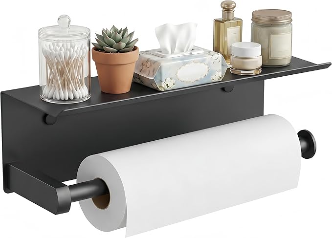 FORIOUS Paper Towel Holder with Shelf, SUS304 Stainless Steel Paper Towel Holder with Storage Shelf, Wall Mount Screw Paper Roll Organizer Commercial Paper Hand Towel Dispensers, Mattle Black by FORIOUS
