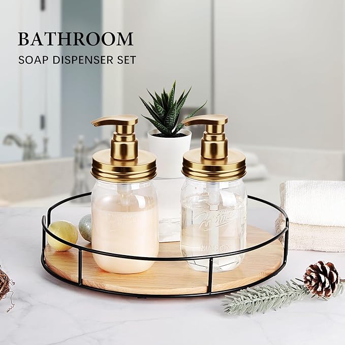 Amolliar Plastic Mason Jar Soap Dispenser with Pump Lid,16OZ Refillable BPA-Free Hand Soap Dispenser Set with Cute Lables - for Kitchen/Bathroom, Liquid Soap, Dish Soap, Lotion (2 Pack, Gold) - Image 3